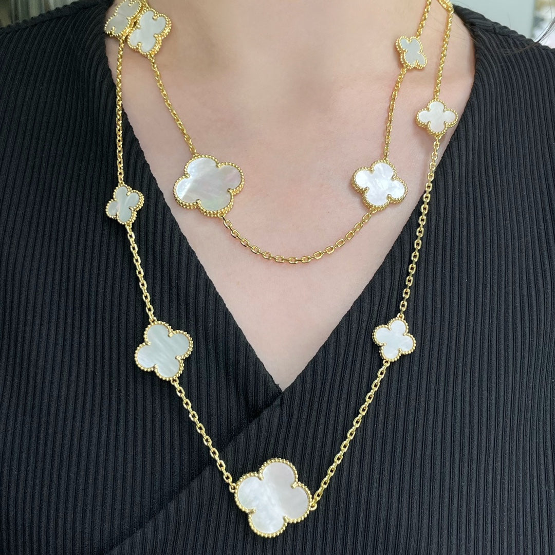 [Lucky Star]CLOVER 16 MOTIF WHITE MOP GOLD NECKLACE