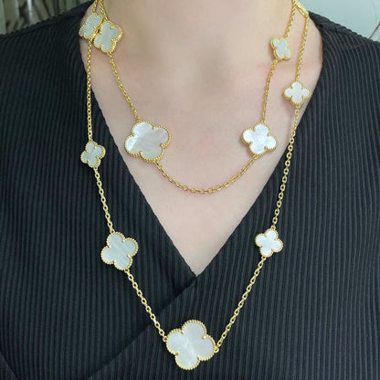 [Lucky Star]CLOVER 16 MOTIF WHITE MOP GOLD NECKLACE