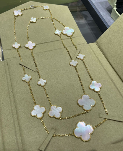 [Lucky Star]CLOVER 16 MOTIF WHITE MOP GOLD NECKLACE