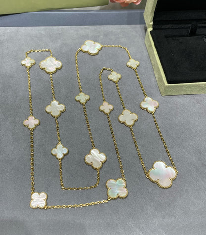 [Lucky Star]CLOVER 16 MOTIF WHITE MOP GOLD NECKLACE