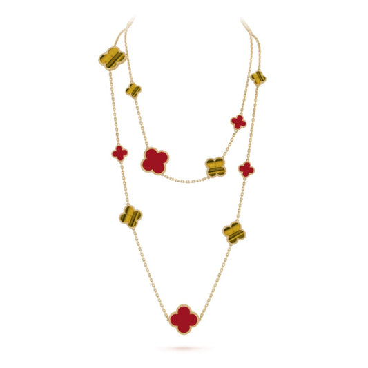[Lucky Star]CLOVER 16 MOTIF CARNELIAN TIGER EYE ROSE GOLD NECKLACE