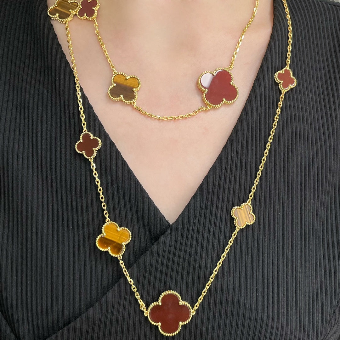 [Lucky Star]CLOVER 16 MOTIF CARNELIAN TIGER EYE ROSE GOLD NECKLACE