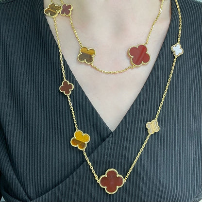 [Lucky Star]CLOVER 16 MOTIF CARNELIAN TIGER EYE ROSE GOLD NECKLACE