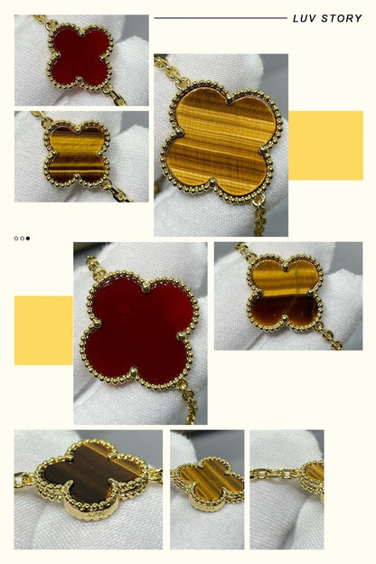 [Lucky Star]CLOVER 16 MOTIF CARNELIAN TIGER EYE ROSE GOLD NECKLACE