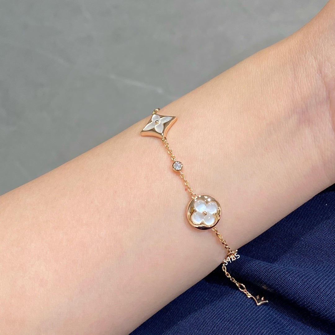 [Lucky Star]STAR AND SUN 4 MOTIF WHITE MOP PINK GOLD BRACELET