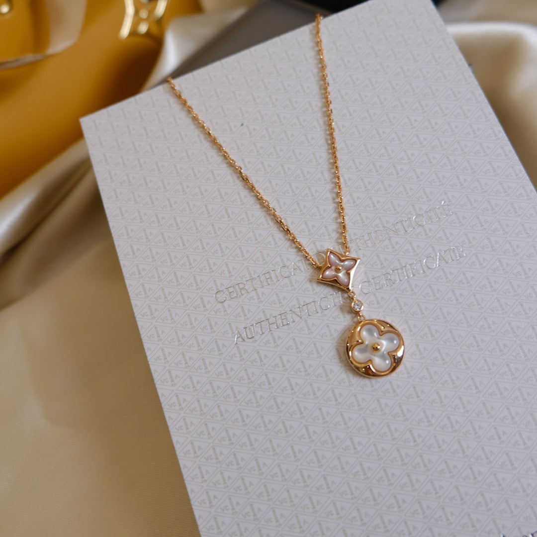 [Lucky Star]STAR AND SUN WHITE MOP 2 MOTIF PINK GOLD NECKLACE