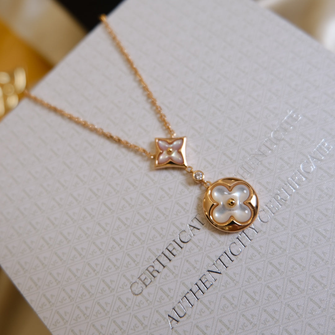 [Lucky Star]STAR AND SUN WHITE MOP 2 MOTIF PINK GOLD NECKLACE