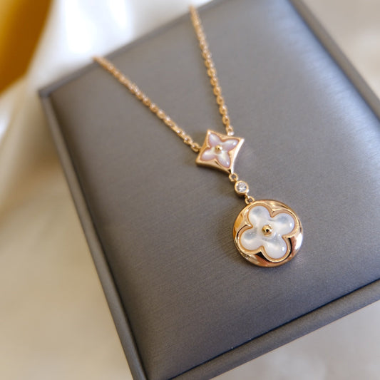 [Lucky Star]STAR AND SUN WHITE MOP 2 MOTIF PINK GOLD NECKLACE