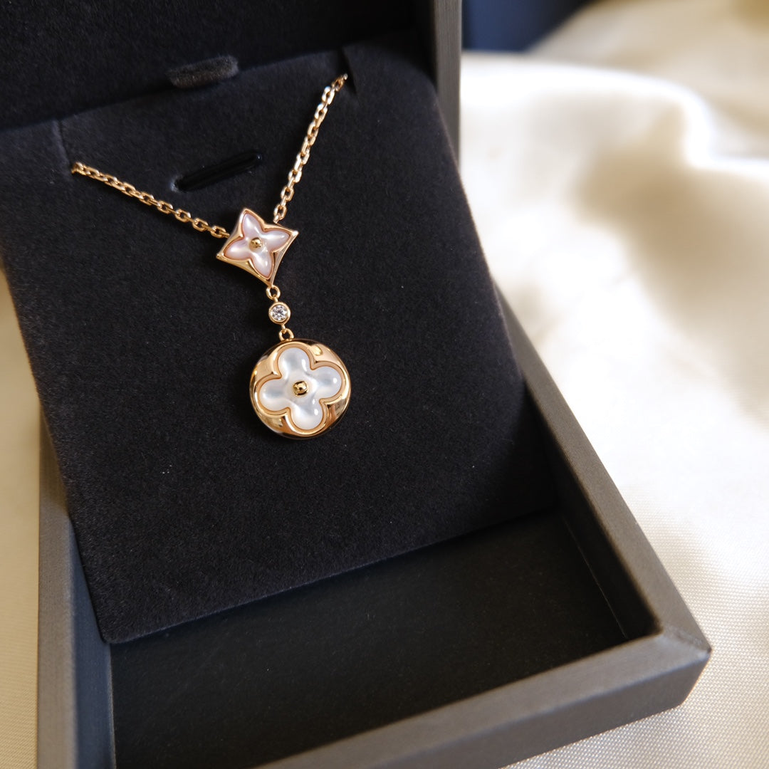 [Lucky Star]STAR AND SUN WHITE MOP 2 MOTIF PINK GOLD NECKLACE