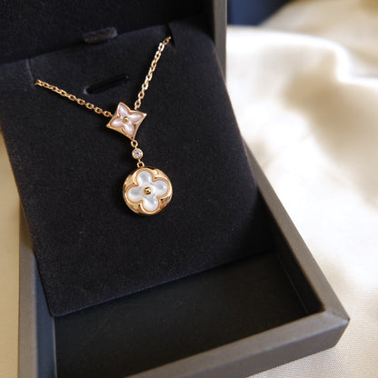 [Lucky Star]STAR AND SUN WHITE MOP 2 MOTIF PINK GOLD NECKLACE