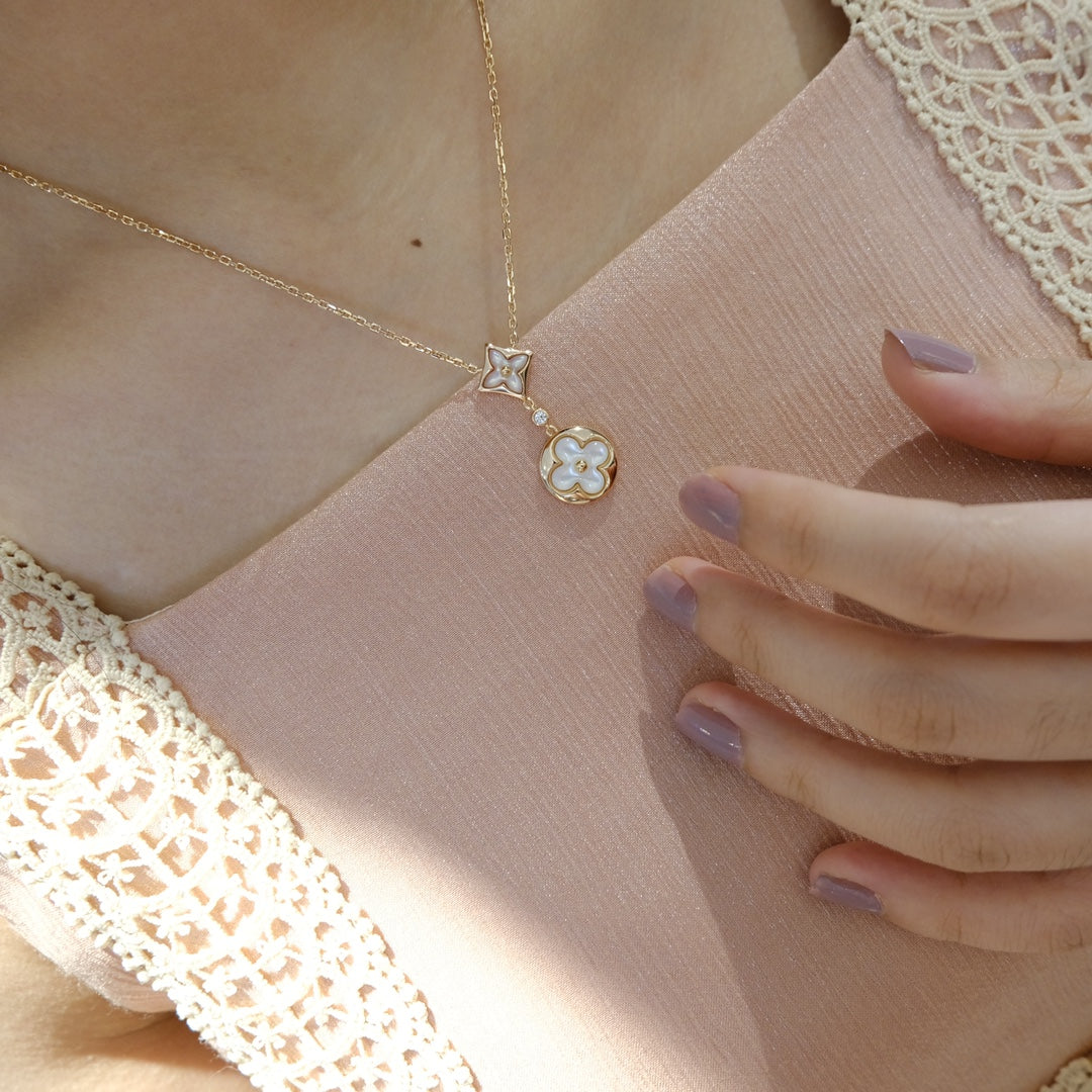 [Lucky Star]STAR AND SUN WHITE MOP 2 MOTIF PINK GOLD NECKLACE