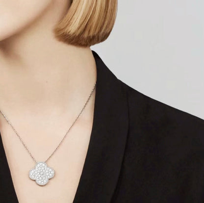 [Lucky Star]CLOVER 25MM LARGE PENDANT DIAMOND PAVED SILVER NECKLACE