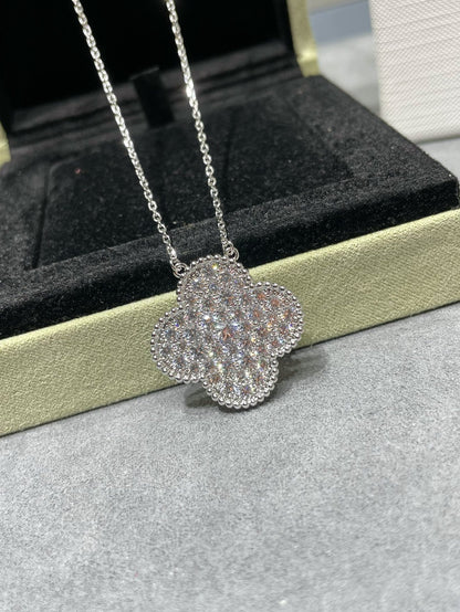 [Lucky Star]CLOVER 25MM LARGE PENDANT DIAMOND PAVED SILVER NECKLACE