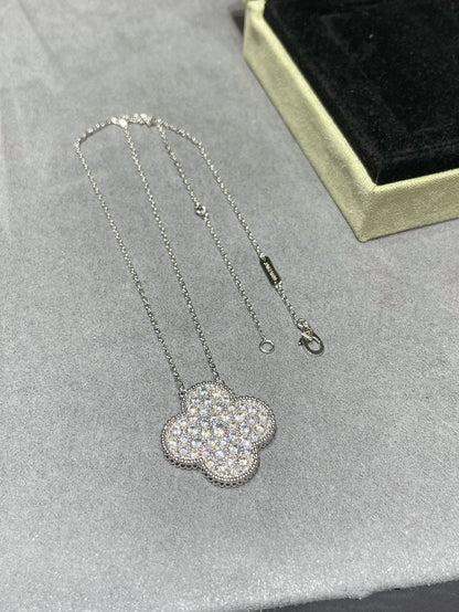 [Lucky Star]CLOVER 25MM LARGE PENDANT DIAMOND PAVED SILVER NECKLACE
