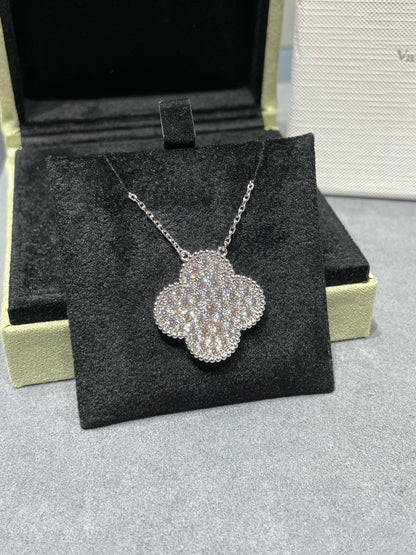 [Lucky Star]CLOVER 25MM LARGE PENDANT DIAMOND PAVED SILVER NECKLACE