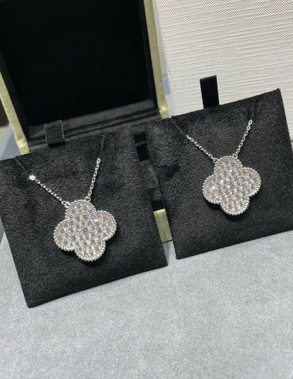 [Lucky Star]CLOVER 25MM LARGE PENDANT DIAMOND PAVED SILVER NECKLACE