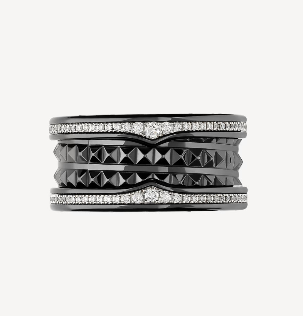 [Lucky Star]ZERO 1 ROCK FOUR-BAND BLACK CERAMIC WITH STUDDED SPIRAL AND PAVED DIAMONDS RING