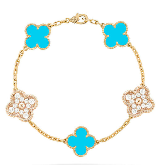 [Lucky Star]CLOVER 5 MOTIF TURQUOISE DIAMOND GOLD BRACELET