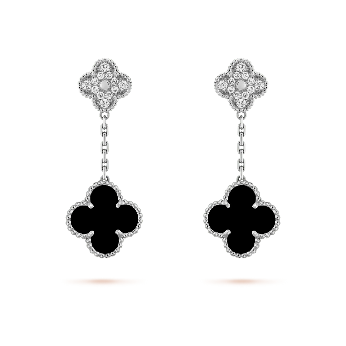[Lucky Star]CLOVER 2 MOTIFS  DIAMOND ONYX EARRINGS SILVER