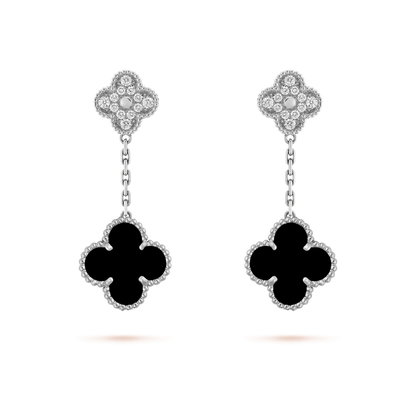 [Lucky Star]CLOVER 2 MOTIFS  DIAMOND ONYX EARRINGS SILVER
