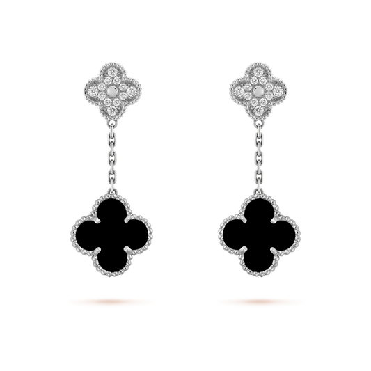 [Lucky Star]CLOVER 2 MOTIFS  DIAMOND ONYX EARRINGS SILVER
