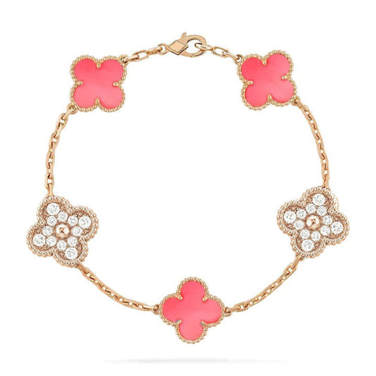 [Lucky Star]CLOVER 5 MOTIF DIAMOND PINK MOP PINK GOLD BRACELET