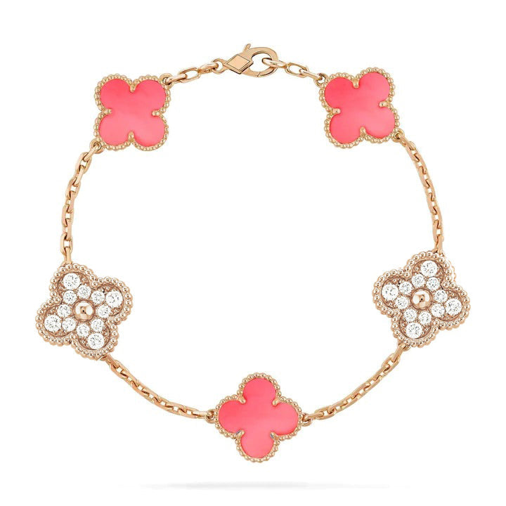 [Lucky Star]CLOVER 5 MOTIF DIAMOND PINK MOP PINK GOLD BRACELET