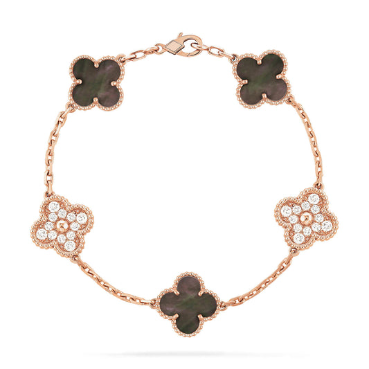 [Lucky Star]CLOVER 5 MOTIFS DARK MOP AND DIAMONDS PINK GOLD BRACELET