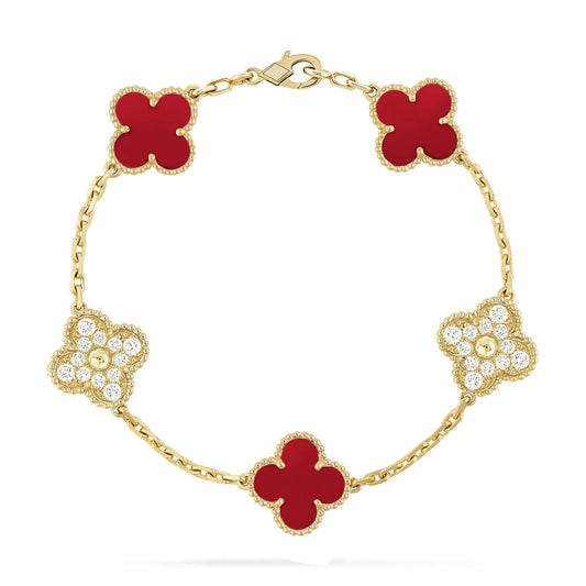 [Lucky Star]CLOVER 5 MOTIFS CARNELIAN DIAMOND BRACELET