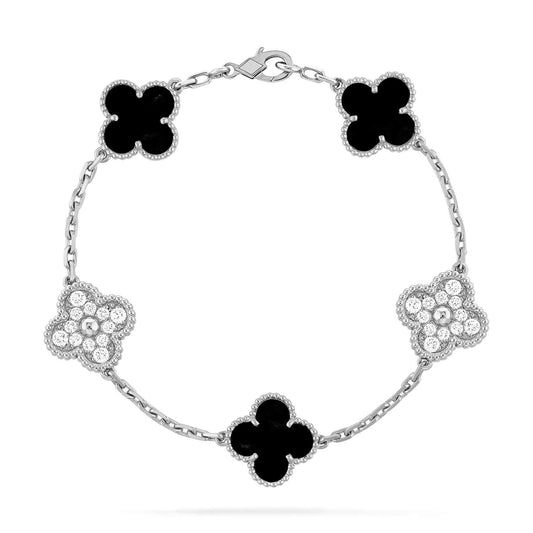 [Lucky Star]CLOVER 5 MOTIF ONYXS DIAMOND BRACELET SILVER