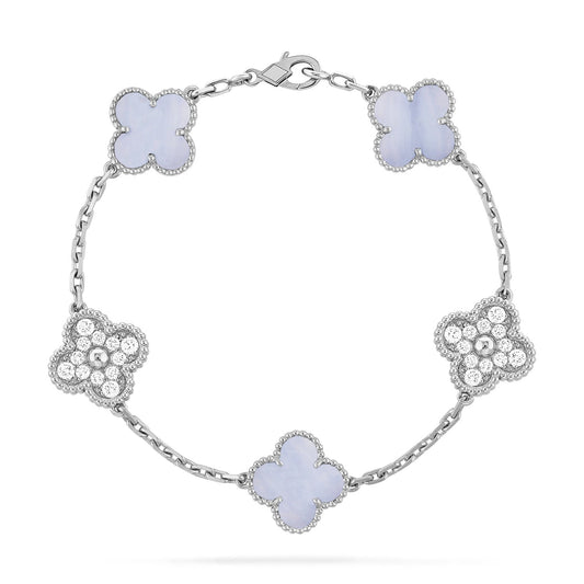 [Lucky Star]CLOVER  5 MOTIF DIAMOND PURPLE CHALCEDONY BRACELET SILVER