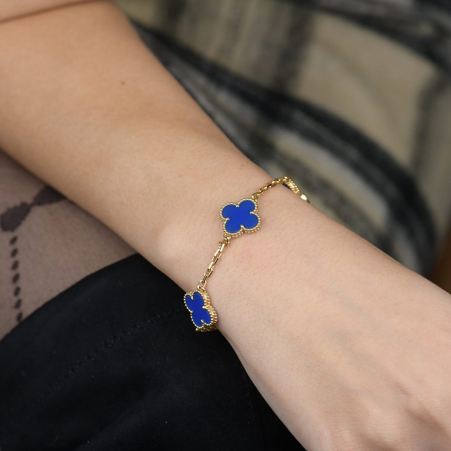 [Lucky Star]CLOVER 5 MOTIFS BLUE AGATE BRACELET