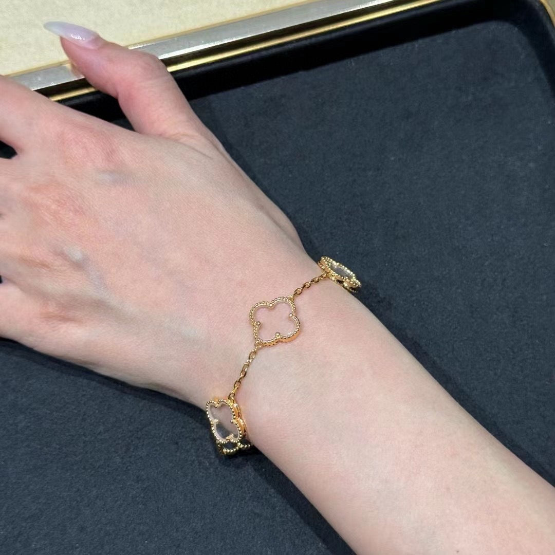 [Lucky Star]CLOVER 5 MOTIF ROCK CRYSTAL PINK GOLD BRACELET