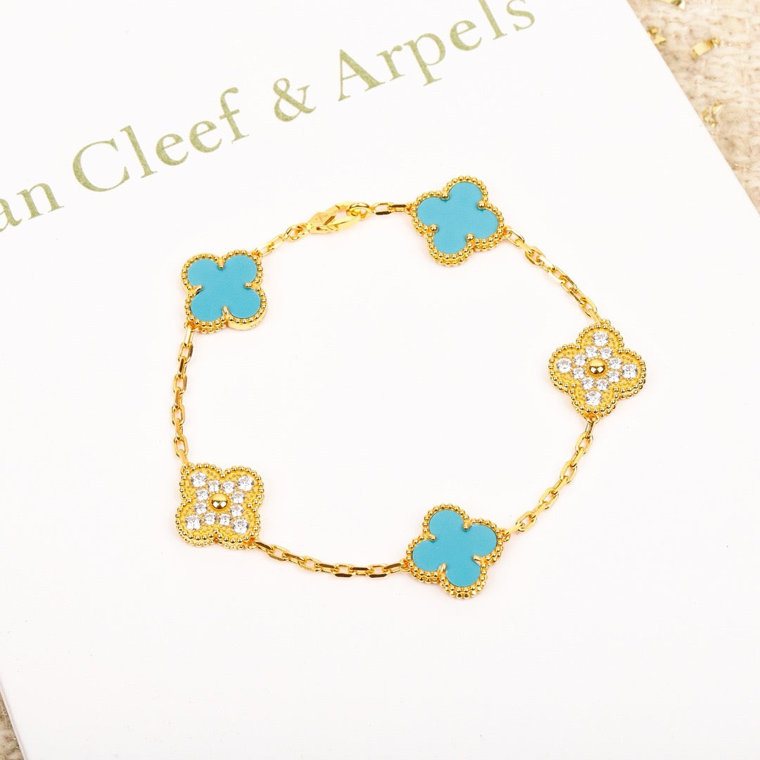 [Lucky Star]CLOVER 5 MOTIF TURQUOISE DIAMOND GOLD BRACELET