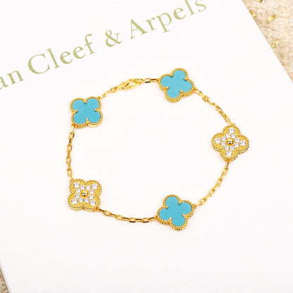 [Lucky Star]CLOVER 5 MOTIF TURQUOISE DIAMOND GOLD BRACELET
