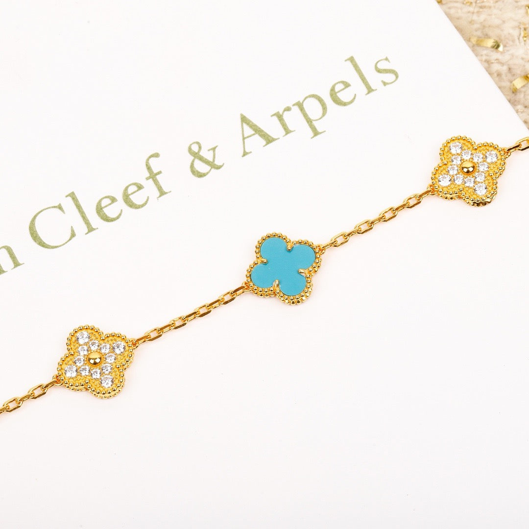 [Lucky Star]CLOVER 5 MOTIF TURQUOISE DIAMOND GOLD BRACELET