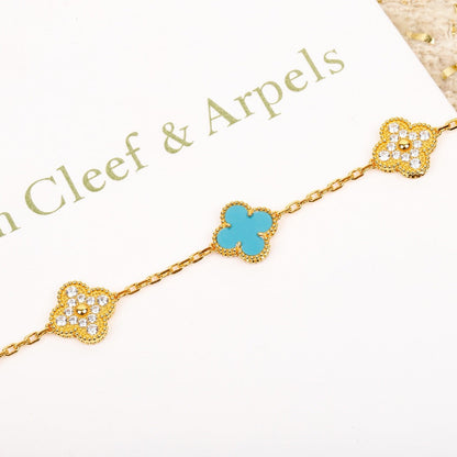 [Lucky Star]CLOVER 5 MOTIF TURQUOISE DIAMOND GOLD BRACELET