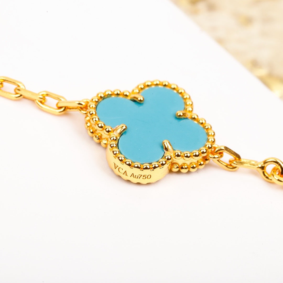 [Lucky Star]CLOVER 5 MOTIF TURQUOISE DIAMOND GOLD BRACELET