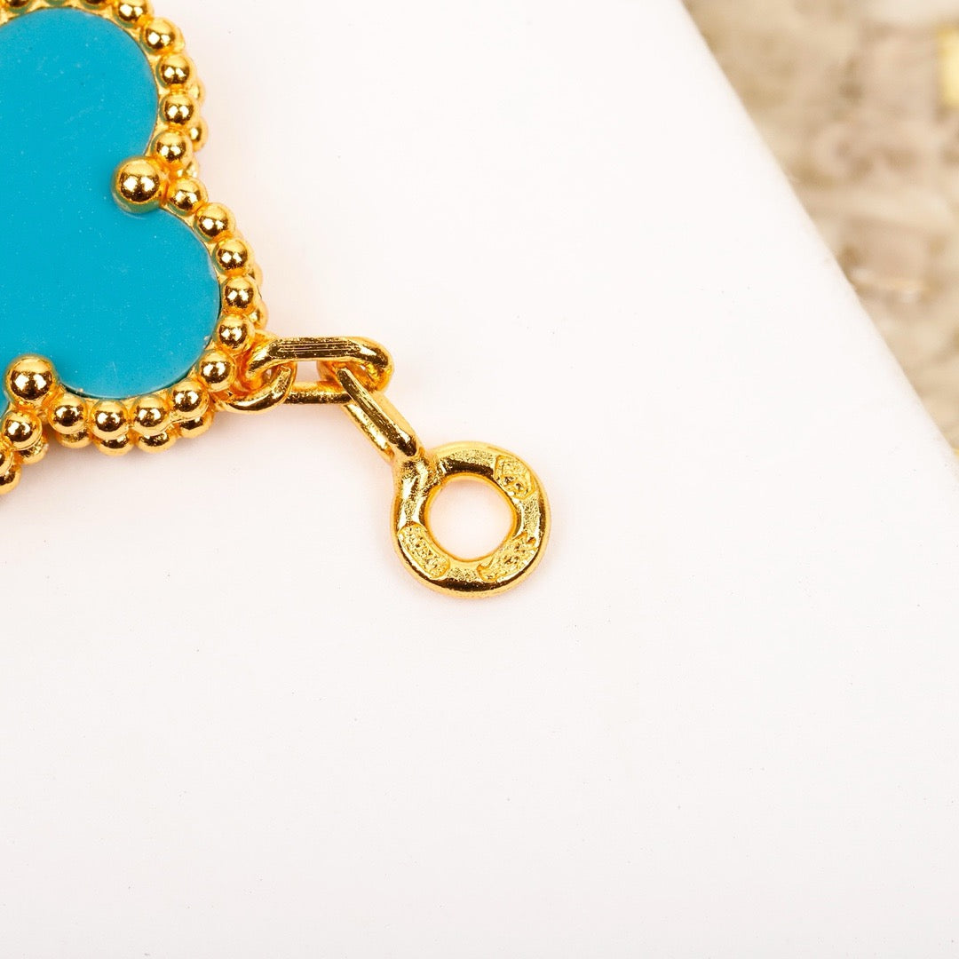 [Lucky Star]CLOVER 5 MOTIF TURQUOISE DIAMOND GOLD BRACELET