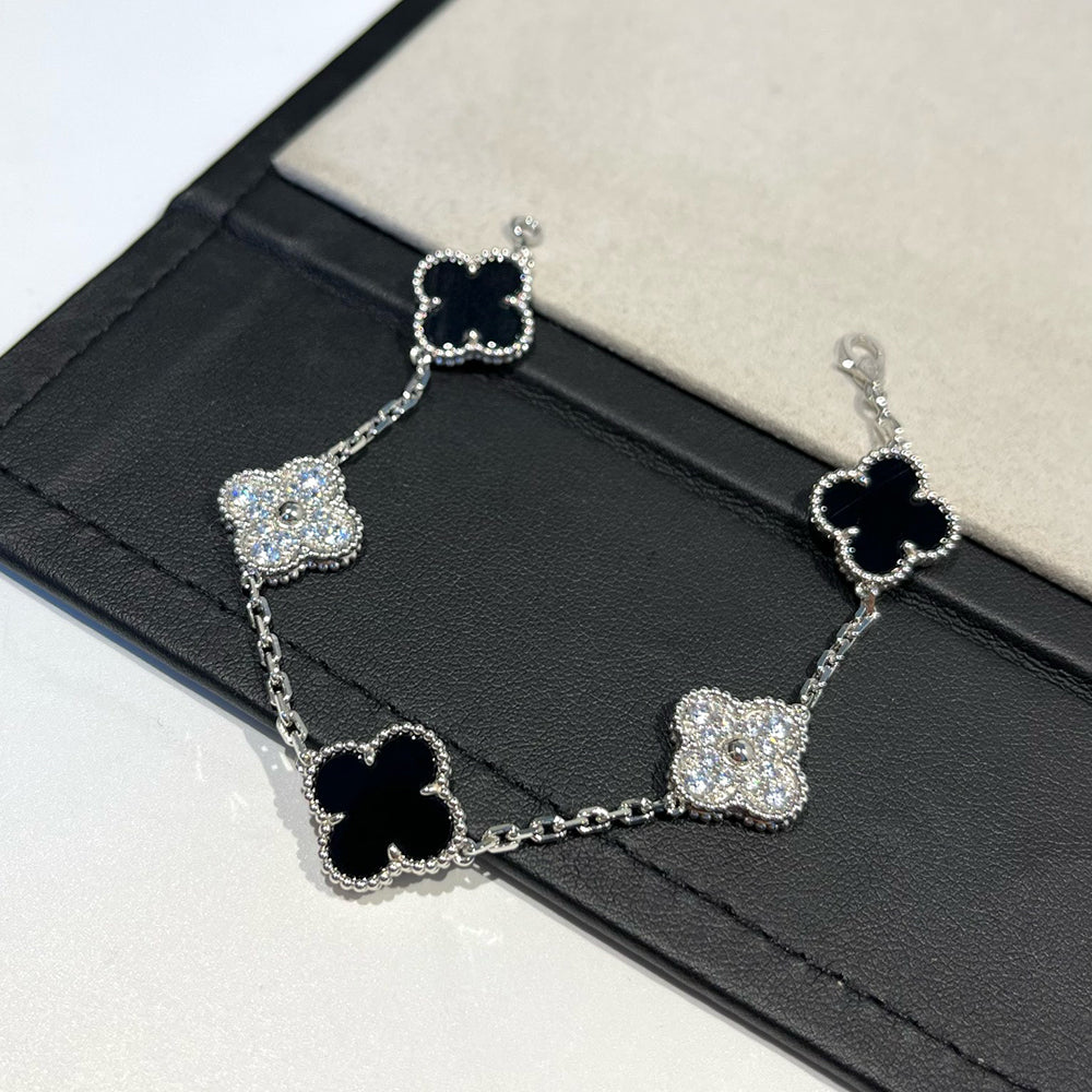 [Lucky Star]CLOVER 5 MOTIF ONYXS DIAMOND BRACELET SILVER