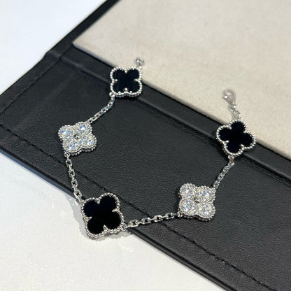 [Lucky Star]CLOVER 5 MOTIF ONYXS DIAMOND BRACELET SILVER