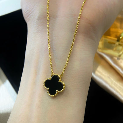 [Lucky Star]CLOVER 15MM BLACK ONYX SINGLE FLOWER NECKLACE