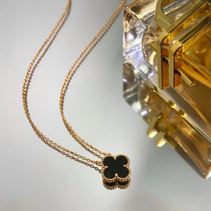 [Lucky Star]CLOVER 15MM BLACK ONYX SINGLE FLOWER NECKLACE