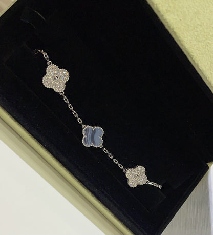 [Lucky Star]CLOVER  5 MOTIF DIAMOND PURPLE CHALCEDONY BRACELET SILVER