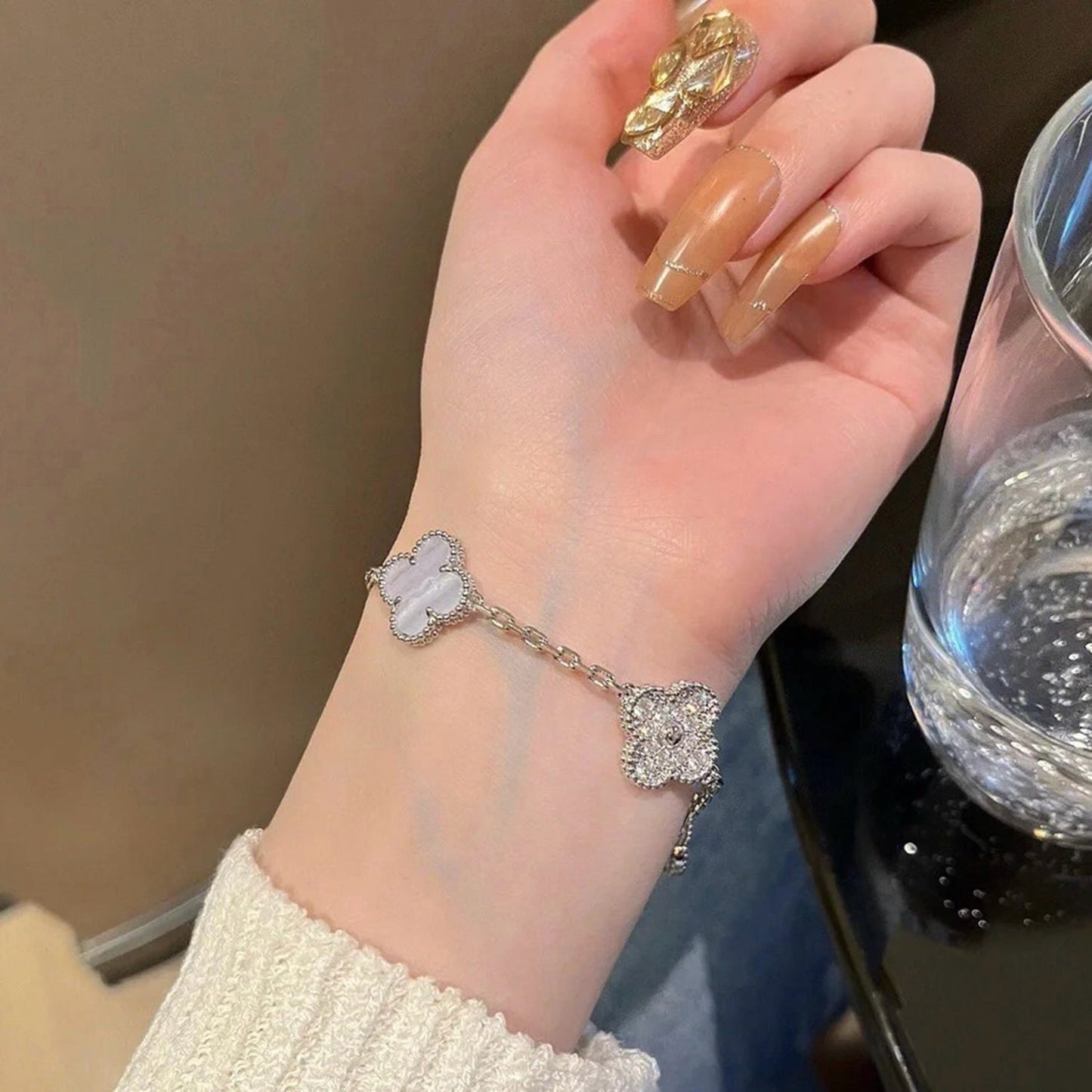 [Lucky Star]CLOVER  5 MOTIF DIAMOND PURPLE CHALCEDONY BRACELET SILVER