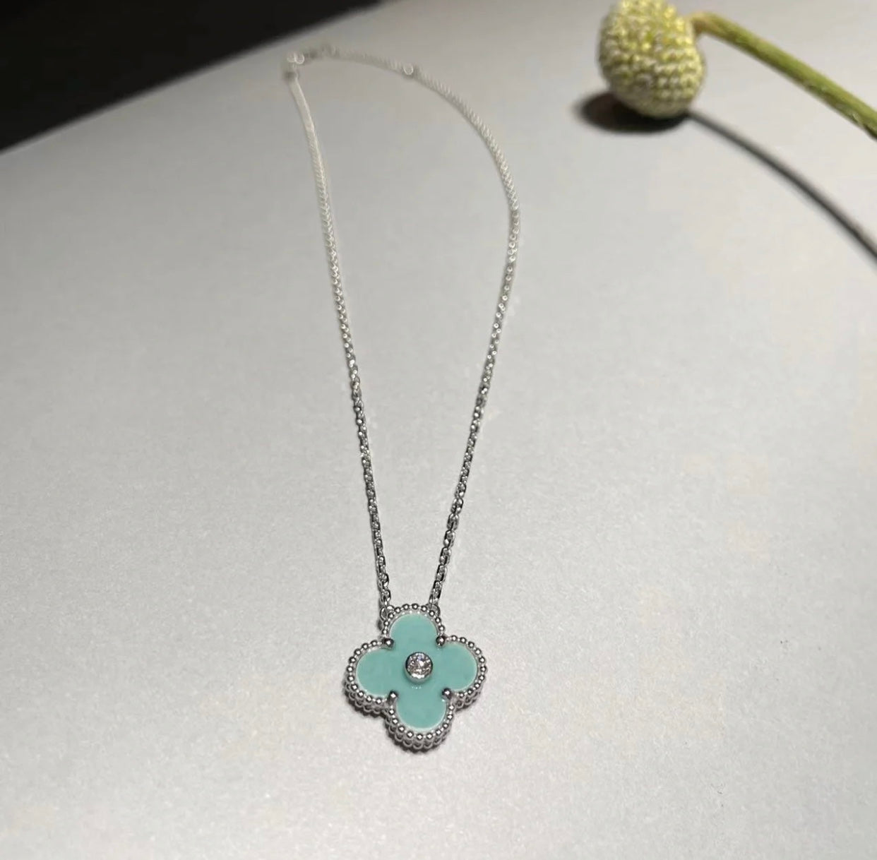 [Lucky Star]CLOVER 1 DIAMOND LIGHT BLUE SILVER NECKLACE