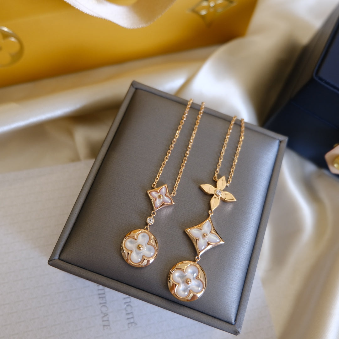 [Lucky Star]COLOR BLOSSOM LARIAT NECKLACE PINK GOLD WHITE MOTHER PEARL AND DIAMOND