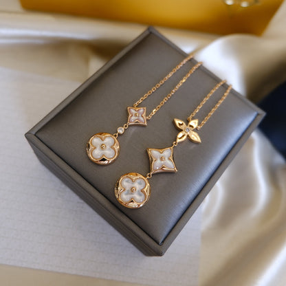 [Lucky Star]COLOR BLOSSOM LARIAT NECKLACE PINK GOLD WHITE MOTHER PEARL AND DIAMOND