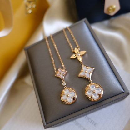[Lucky Star]COLOR BLOSSOM LARIAT NECKLACE PINK GOLD WHITE MOTHER PEARL AND DIAMOND