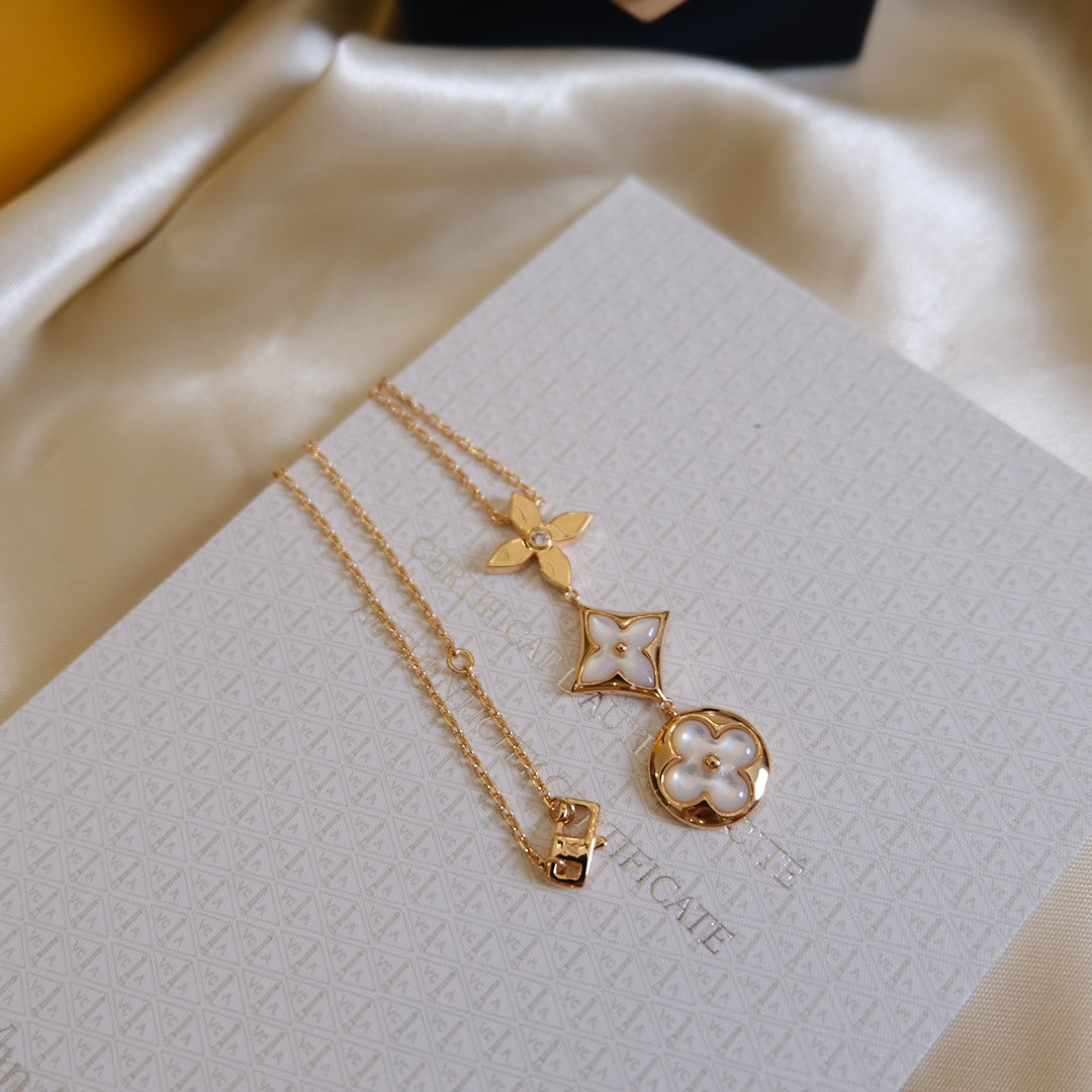 [Lucky Star]COLOR BLOSSOM LARIAT NECKLACE PINK GOLD WHITE MOTHER PEARL AND DIAMOND